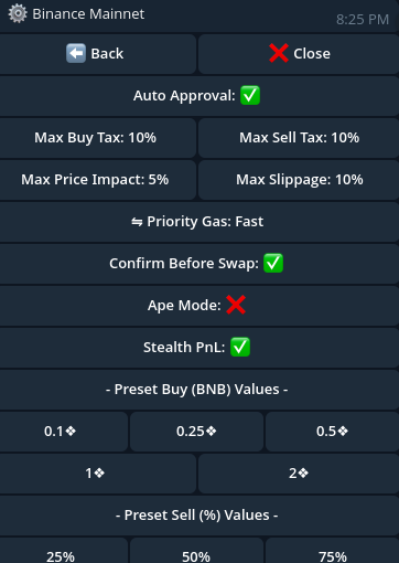 Earlier Shuriken settings screenshot; not a current interface capture or evidence of BSC trading support